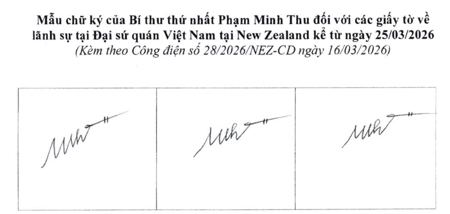 Ảnh đại diện Thông báo chữ ký lãnh sự của đồng chí Phạm Minh Thu, Bí thư thứ nhất, Đại sứ quán Việt Nam tại New Zealand